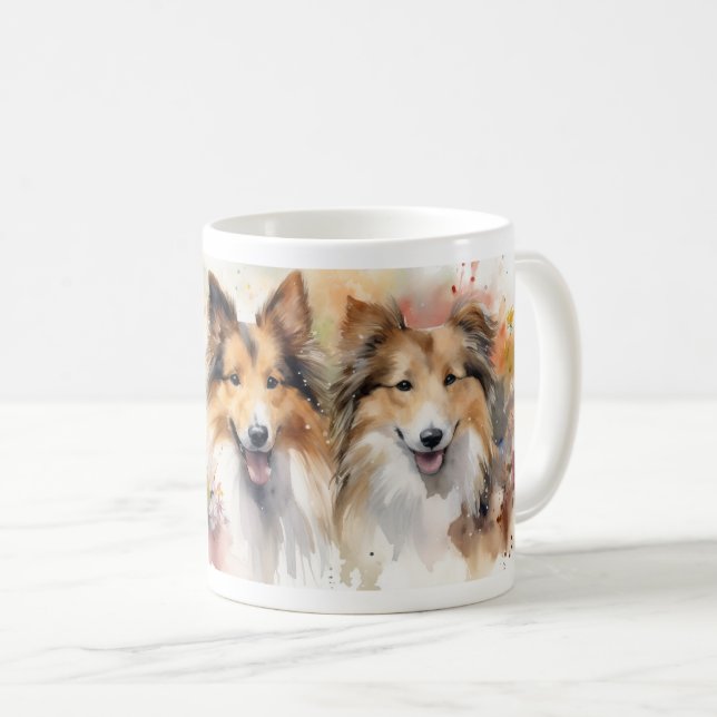 Watercolor Shelties and Flowers Coffee Mug (Front Right)