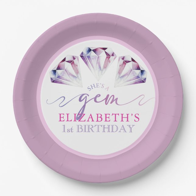 Watercolor She's a Gem Birthday Party Paper Plates (Front)