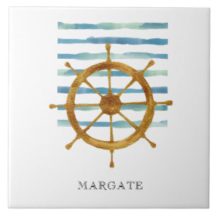 Watercolor SHIPS WHEEL Coastal Beach MARGATE  Tile