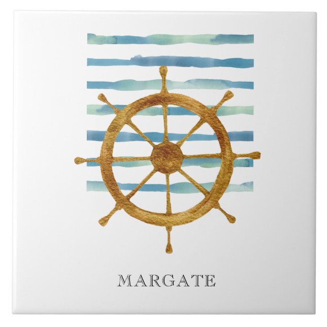 Watercolor SHIPS WHEEL Coastal Beach MARGATE  Tile (Front)