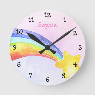 Watercolor Shooting Star Rainbow Girl Nursery Round Clock
