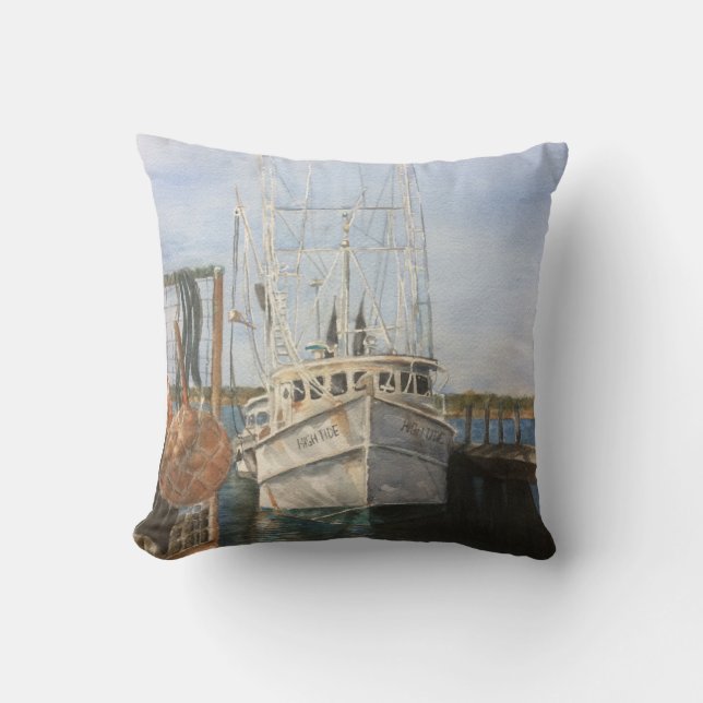 Watercolor Shrimp Boat Coastal Fishing Ocean Seas  Cushion (Front)