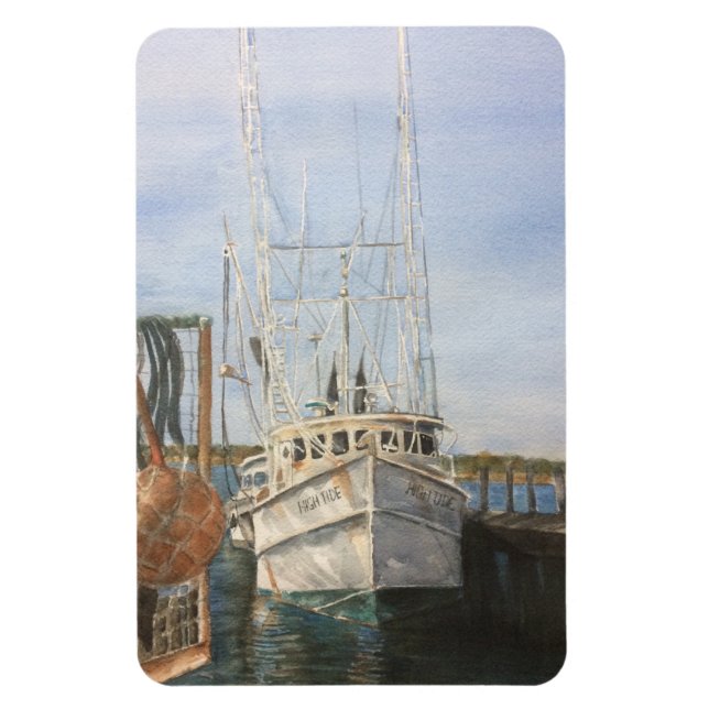 Watercolor Shrimp Boat Coastal Fishing "Ocean Seas Magnet (Vertical)