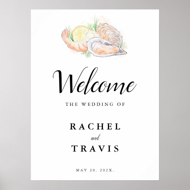 Watercolor Shrimp & Oyster Wedding Welcome Sign (Front)