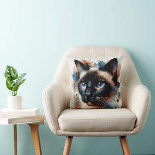 Watercolor Siamese Cat Colourful Portrait Cushion