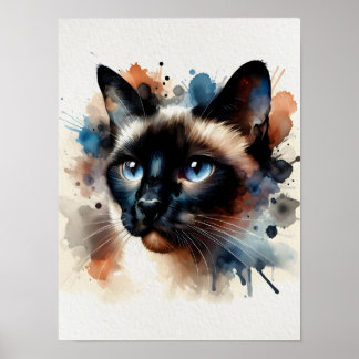 Watercolor Siamese Cat Colourful Portrait Poster