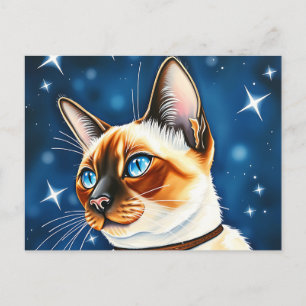 Watercolor Siamese Cat Exploring a Starlit Night  Postcard
