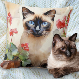 Watercolor Siamese Cat with Red Geranium Flowers Cushion