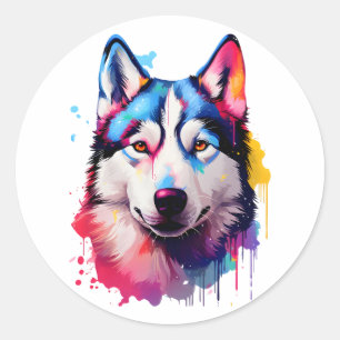 Watercolor Siberian Husky Colourful Art Classic Round Sticker