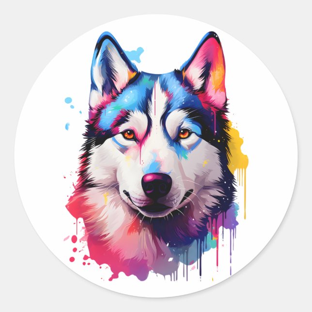 Watercolor Siberian Husky Colourful Art Classic Round Sticker (Front)