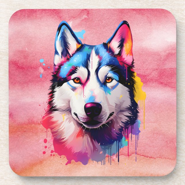 Watercolor Siberian Husky Colourful Art Coaster (Front)