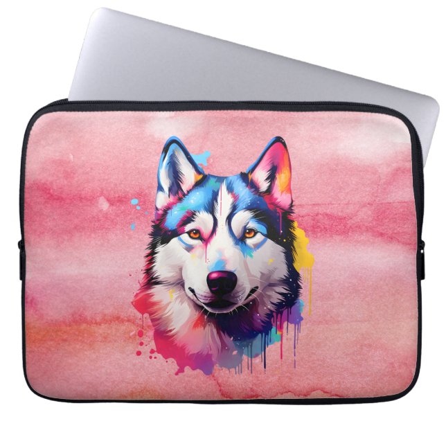 Watercolor Siberian Husky Colourful Art Laptop Sleeve (Front)