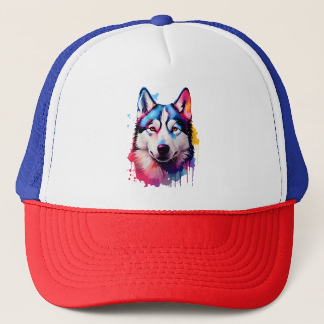 Watercolor Siberian Husky Colourful Art Trucker Hat (Front)