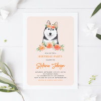 Watercolor Siberian Husky Peach Floral Birthday