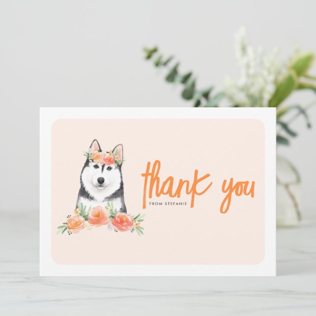 Watercolor Siberian Husky Peach Flowers Birthday Thank You Card (Standing Front)