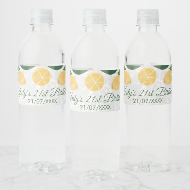 Watercolor Sicilian Lemons Birthday Water Bottle Label (Bottles)