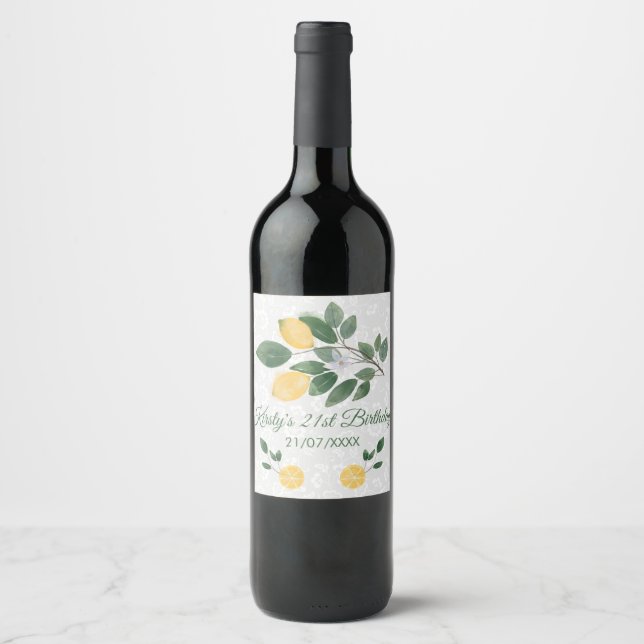 Watercolor Sicilian Lemons Birthday Wine Label (Front)