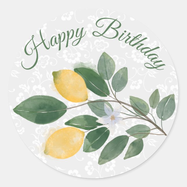 Watercolor Sicilian Lemons Happy Birthday Classic Round Sticker (Front)