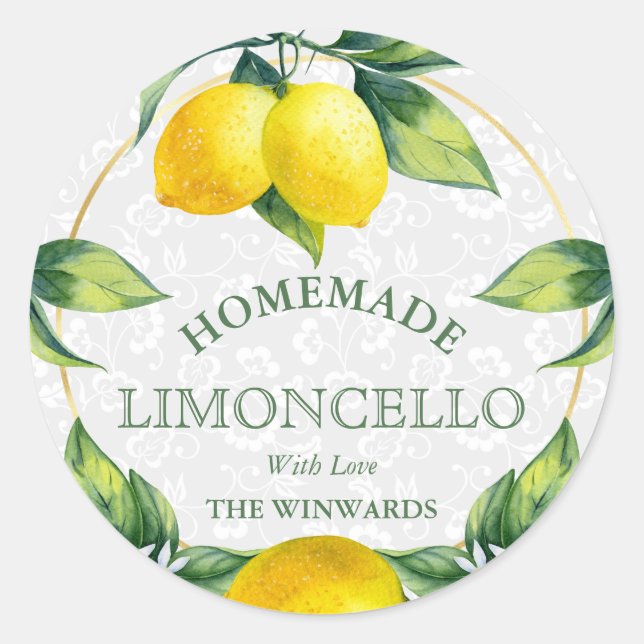 Watercolor Sicilian Lemons Homemade Limoncello Classic Round Sticker (Front)
