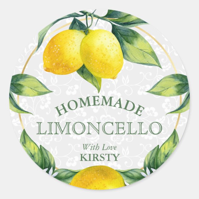 Watercolor Sicilian Lemons Homemade Limoncello Classic Round Sticker (Front)