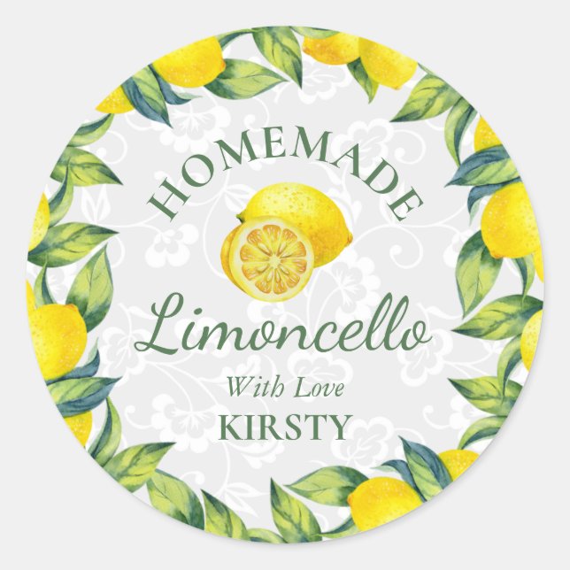 Watercolor Sicilian Lemons Homemade Limoncello Classic Round Sticker (Front)