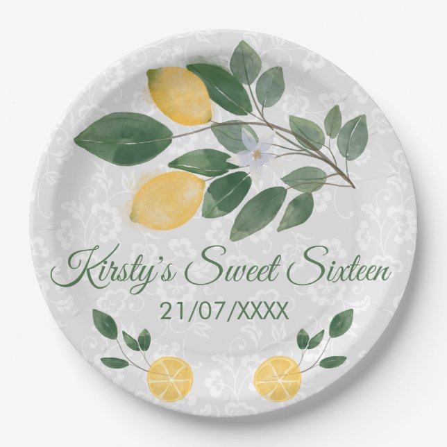 Watercolor Sicilian Lemons Sweet Sixteen Paper Plate (Front)