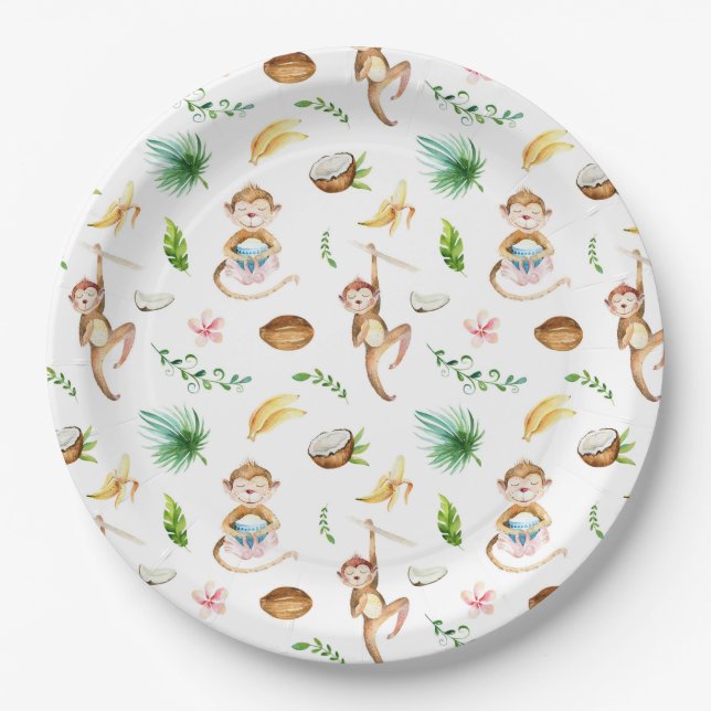 Watercolor Silly Monkeys Paper Plate (Front)
