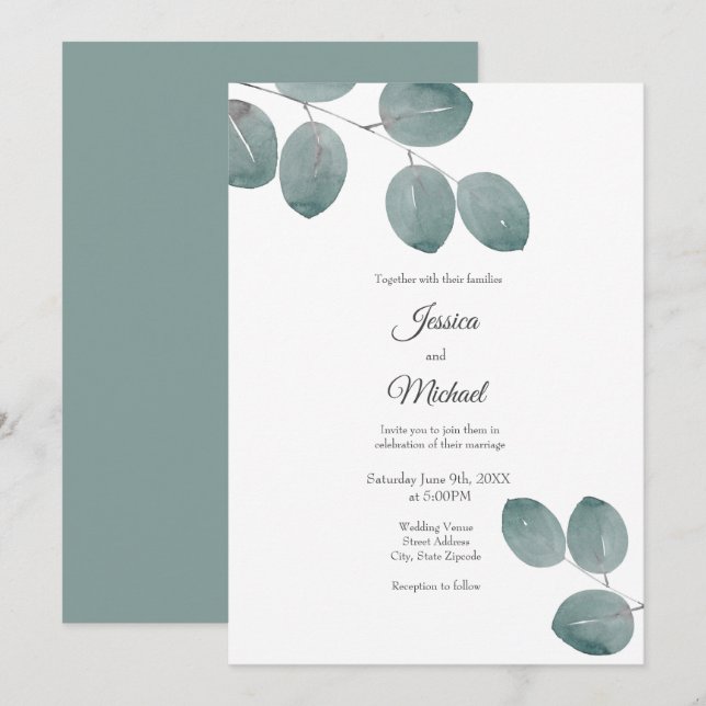 Watercolor Silver Dollar Eucalyptus Leaves Invitation (Front/Back)