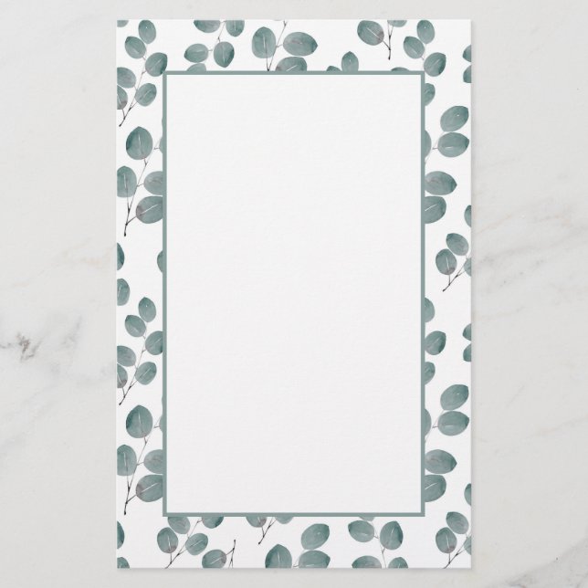 Watercolor Silver Dollar Eucalyptus Leaves Pattern Stationery (Front)