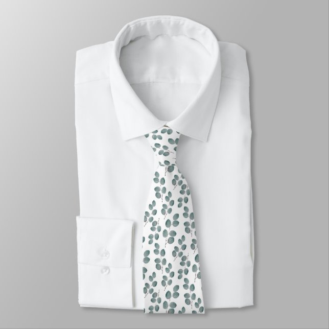 Watercolor Silver Dollar Eucalyptus Leaves Pattern Tie (Tied)