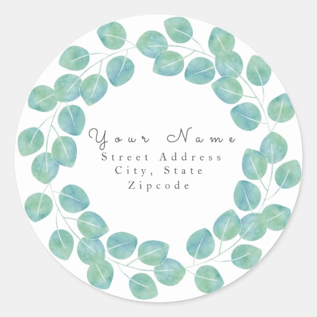 Watercolor Silver Dollar Eucalyptus Leaves Wreath Classic Round Sticker (Front)