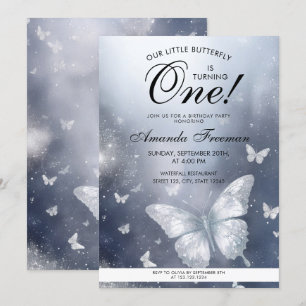 Watercolor Silver Glitter Butterfly 1st Birthday Invitation