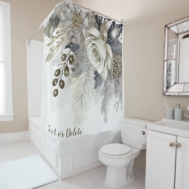 Watercolor Silver Golden White Roses Flowers Shower Curtain (In Situ)