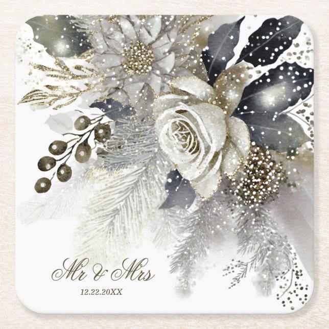 Watercolor Silver Golden White Roses Flowers Square Paper Coaster (Front)