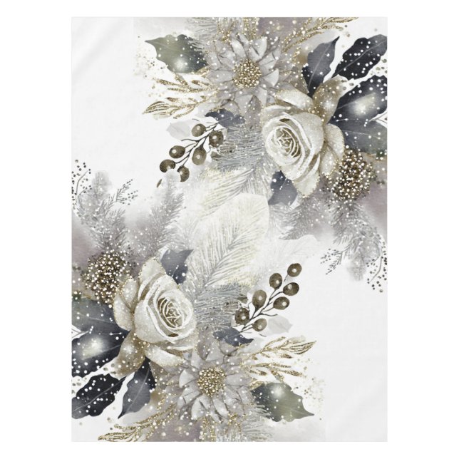 Watercolor Silver Golden White Roses Flowers Tablecloth (Front)