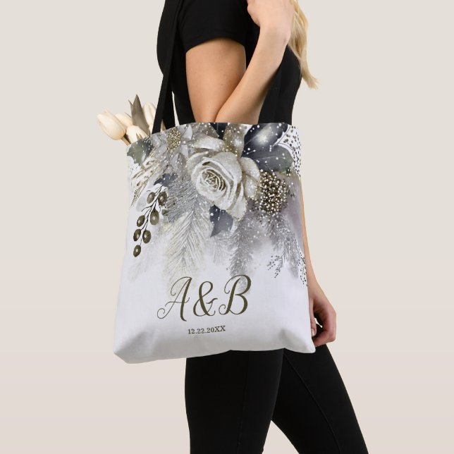 Watercolor Silver Golden White Roses Flowers Tote Bag (Close Up)