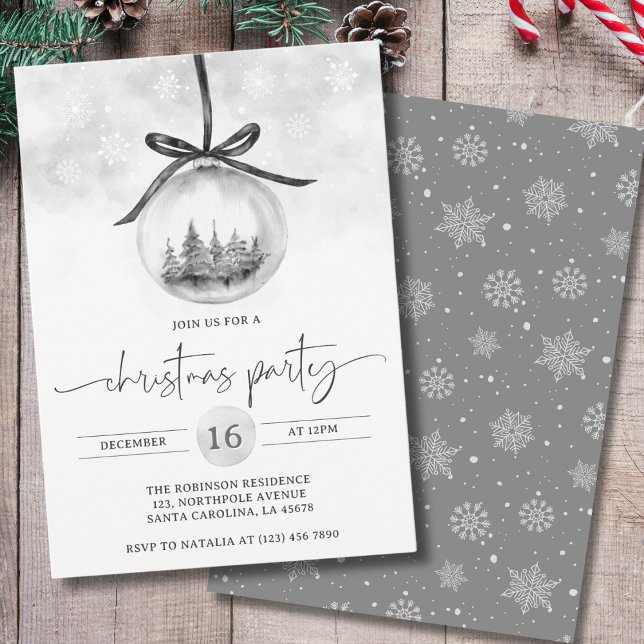 Watercolor Silver Grey Ornament Christmas Party Invitation (Creator Uploaded)