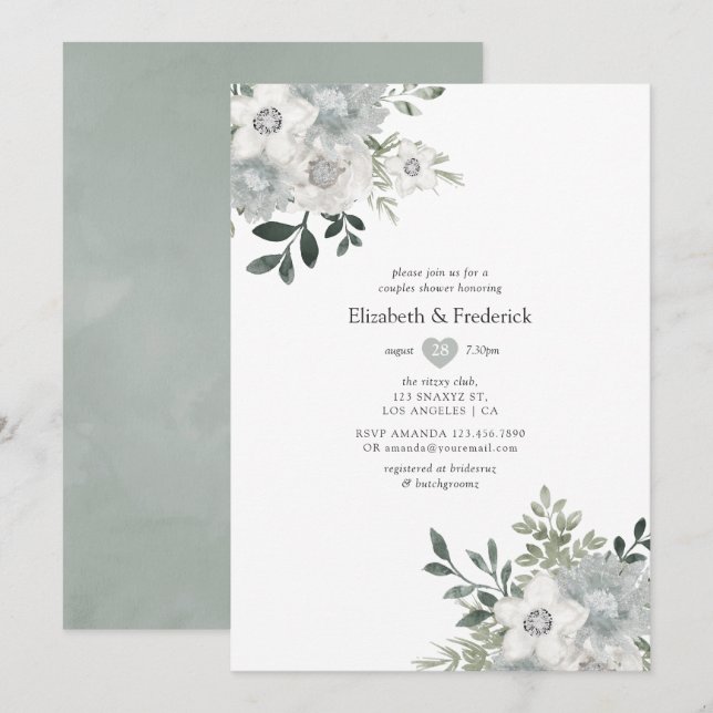 Watercolor Silver Sage Couples Shower Invitation (Front/Back)