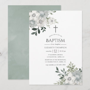 Watercolor Silver Sage Floral Baptism Invitation