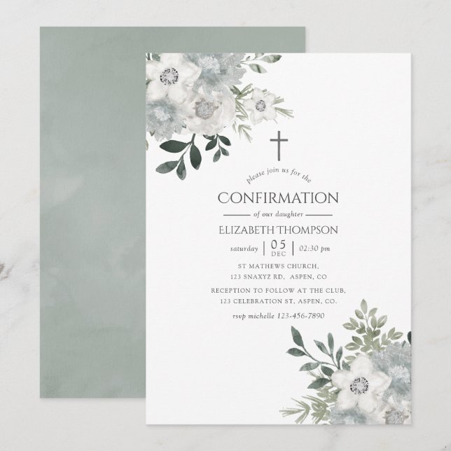 Watercolor Silver Sage Floral Confirmation Invitation (Front/Back)
