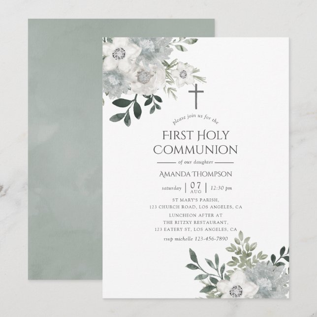 Watercolor Silver Sage Floral First Holy Communion Invitation (Front/Back)