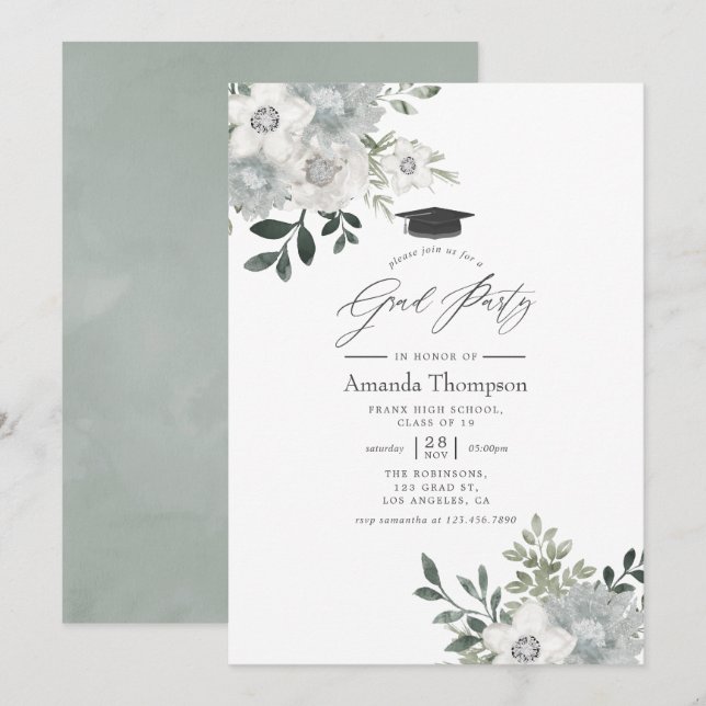 Watercolor Silver Sage Floral Graduation Party Invitation (Front/Back)