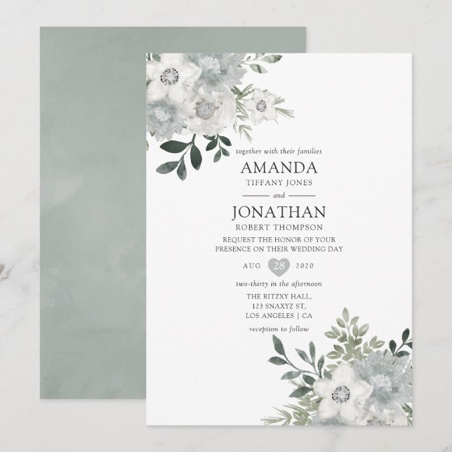 Watercolor Silver Sage Floral Wedding Invitation (Front/Back)