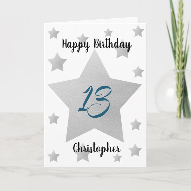 Watercolor Silver Stars 13th Birthday Card (Front)