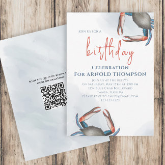 Watercolor Simple Birthday Blue Crab Ocean QR Code Invitation