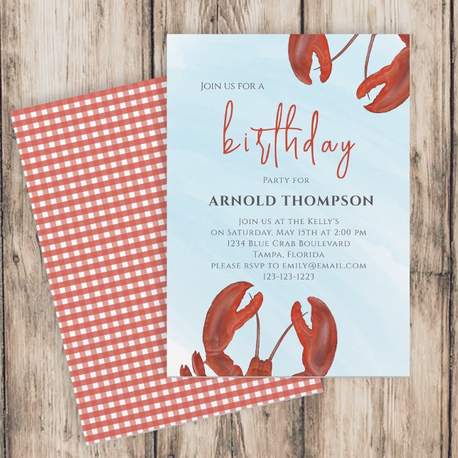 Watercolor Simple Birthday Red Lobster Coastal Invitation (Creator Uploaded)