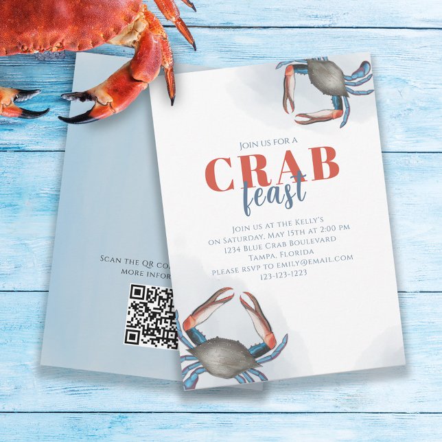 Watercolor Simple Blue Crab Feast Party QR Code Invitation (Creator Uploaded)