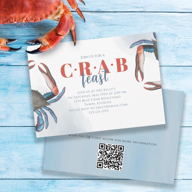 Watercolor Simple Blue Crab Feast Party QR Code Invitation (Creator Uploaded)