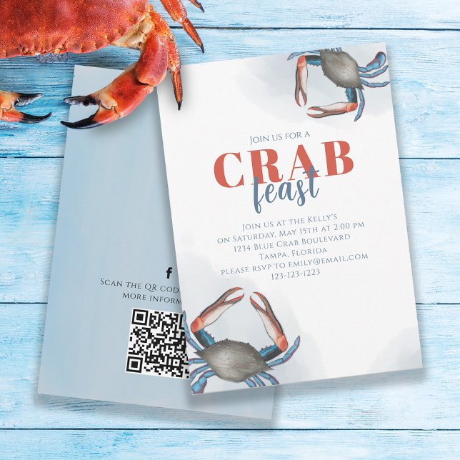 Watercolor Simple Blue Crab QR Code Social Media Invitation (Creator Uploaded)