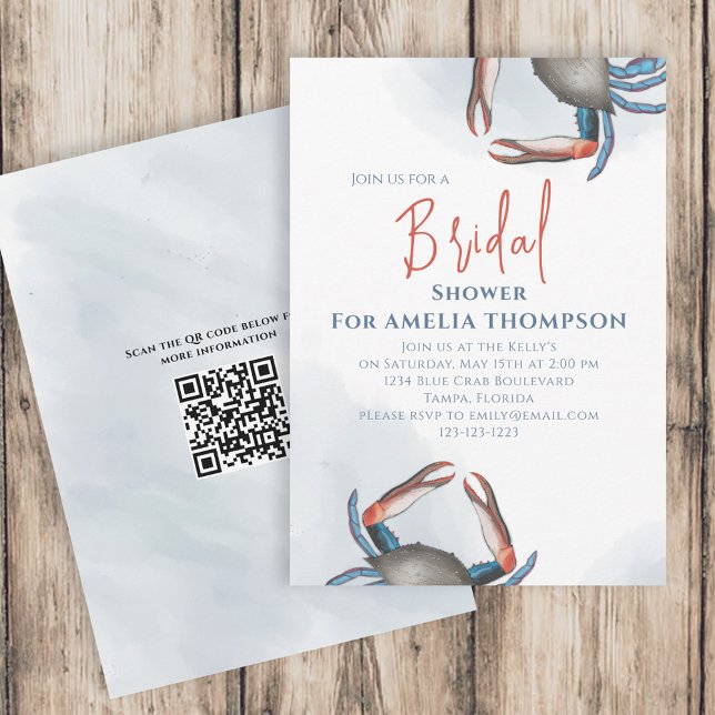 Watercolor Simple Bridal Shower Blue Crab QR Code Invitation (Creator Uploaded)